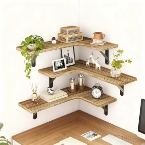 3/5 Tier Rustic Wooden Floating Shelves Wall Mounted Corner Shelving Unit Natural Wood Finish Display Stand for Crafts, Storage Rack for Kitchen, Bedroom, Bathroom, Study, Living Room, Home Organiser 3/5 Tier Rustic Wooden Floating Shelves Wall Mounted Corner Shelving Unit Natural Wood Finish Display Stand for Crafts, Storage Rack for Kitchen, Bedroom, Bathroom, Study, Living Room, Home Organiser